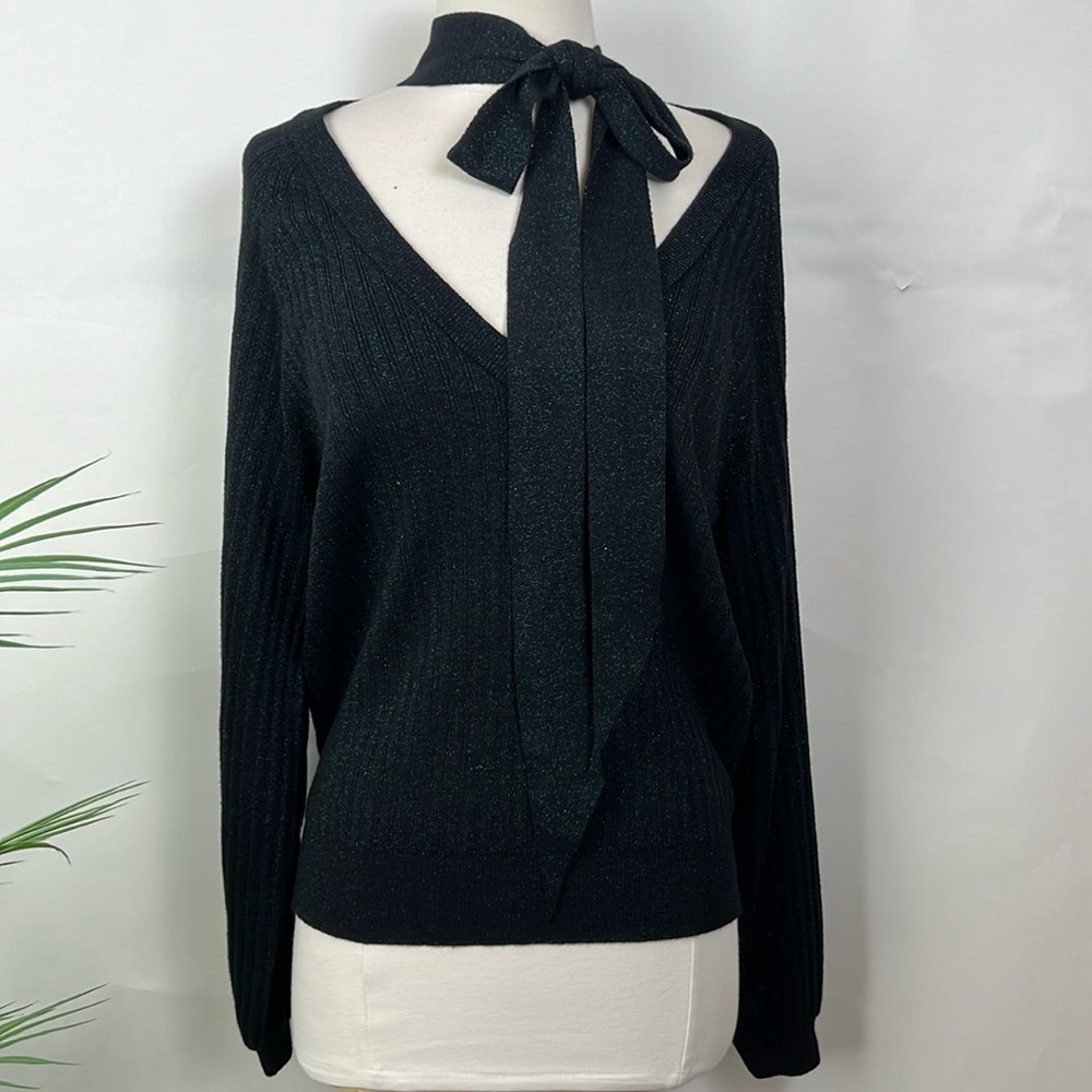 NWT 27 Miles Malibu Sweater V-Neck Black Metallic Bow Tie Evening Silk Cotton L
